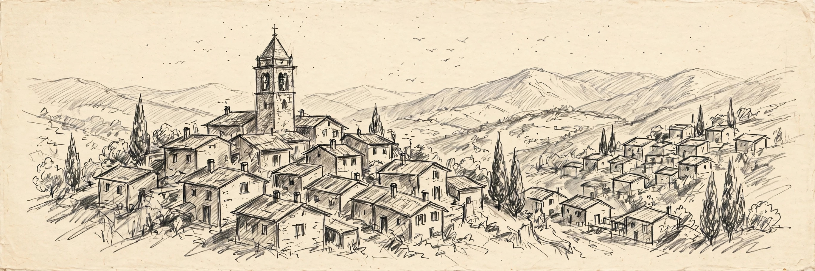 Village européen, illustration style dessin au crayon
