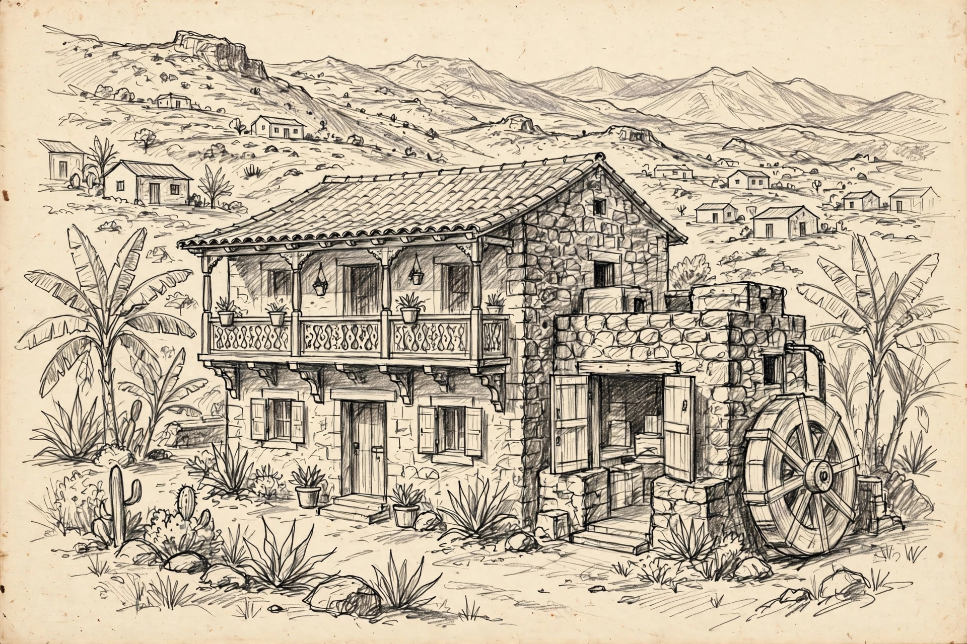 Illustrazione a matita di Cactus Coliving Tenerife Valle