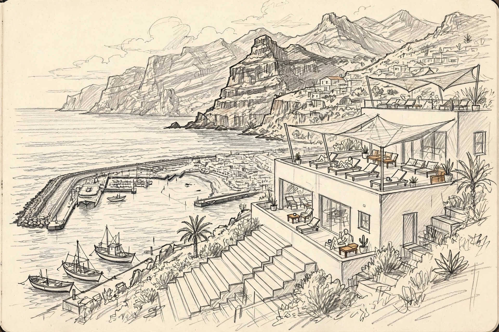 Illustrazione a matita di El Cabo Coliving (Repeople)
