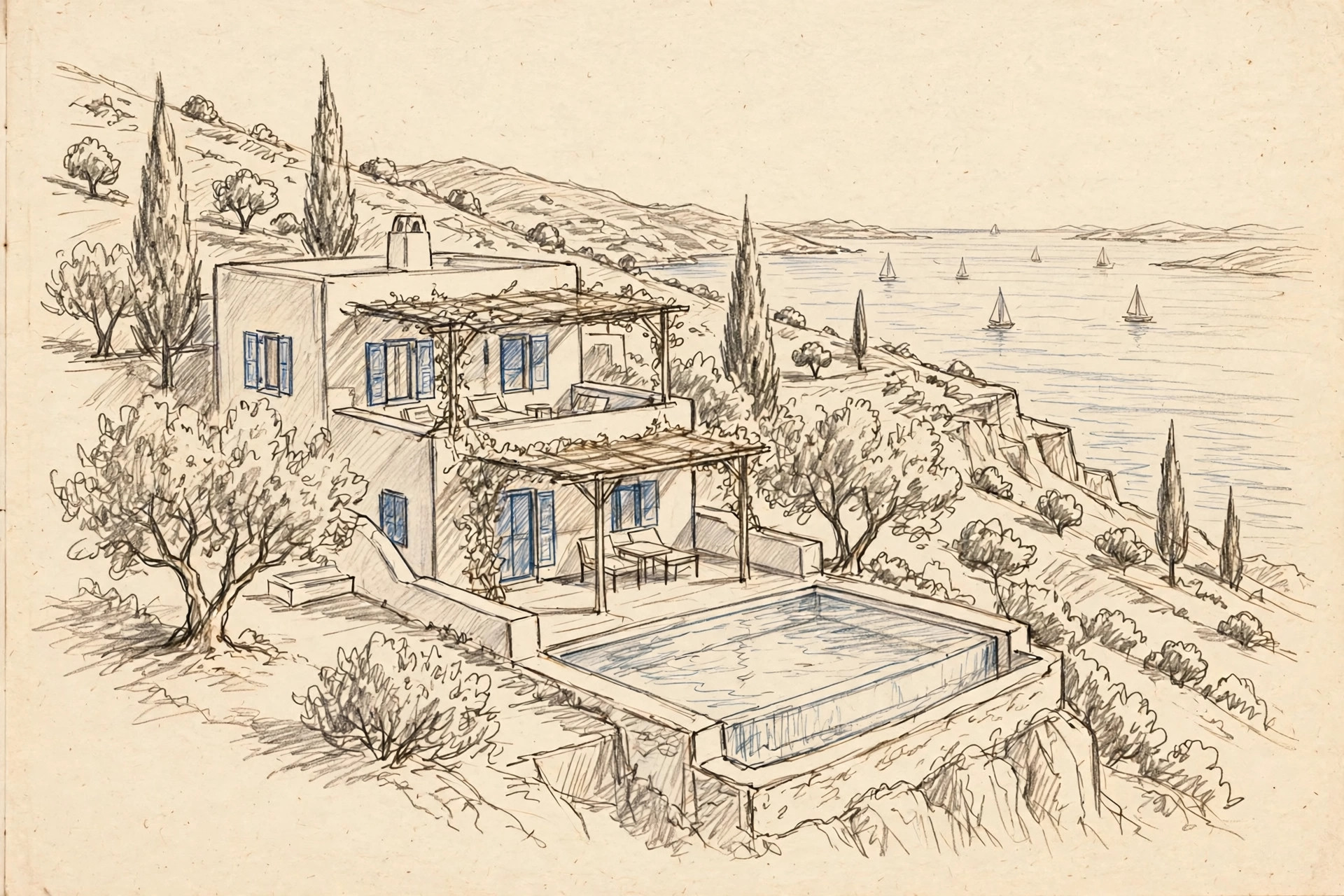 Bleistiftillustration von Digital Nomads Lesvos