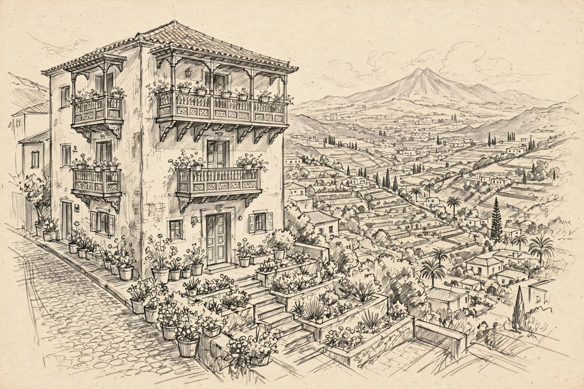 Illustrazione a matita di Gato Azul Coliving & Coworking