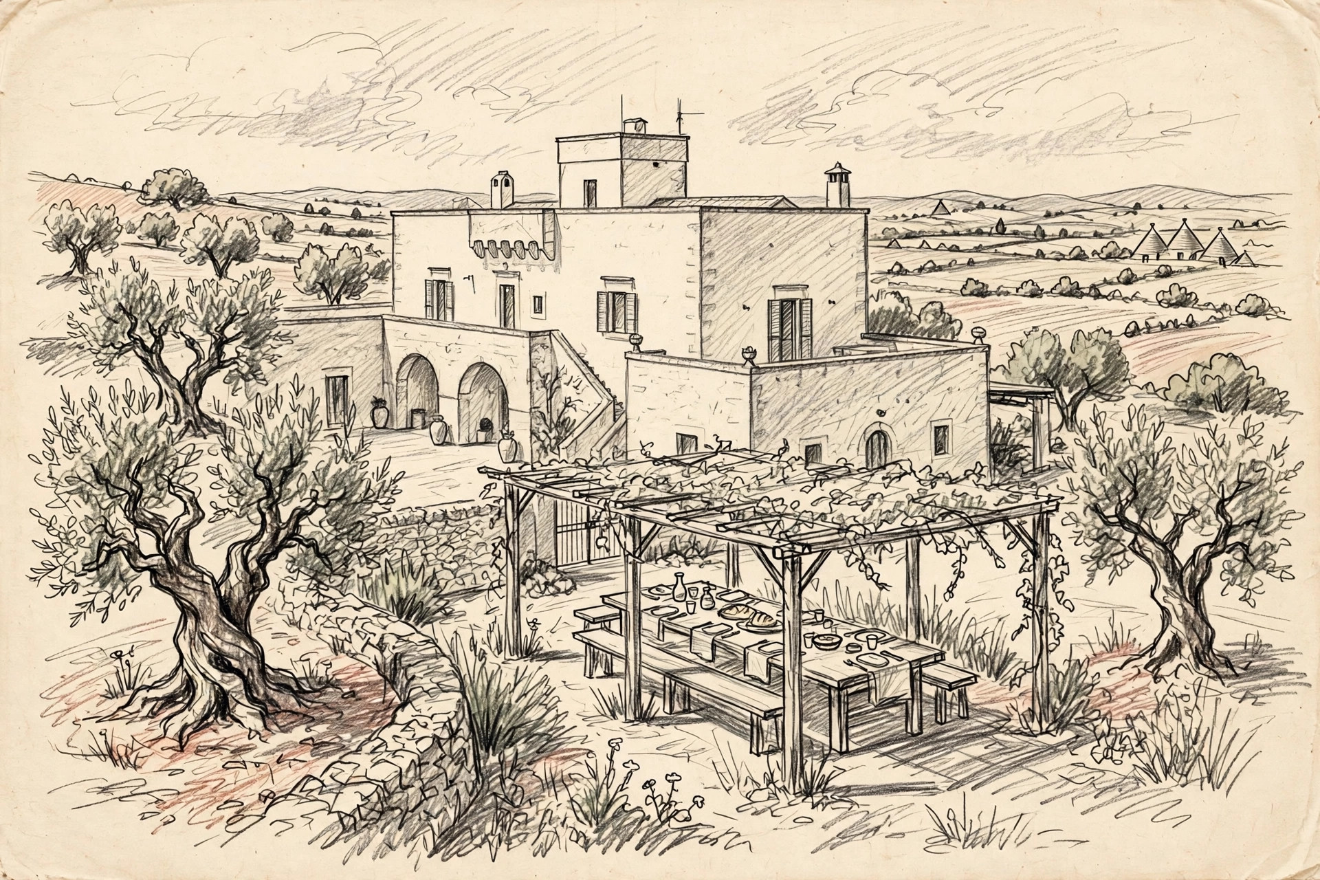 Bleistiftillustration von Casa Basilico (Puglia)