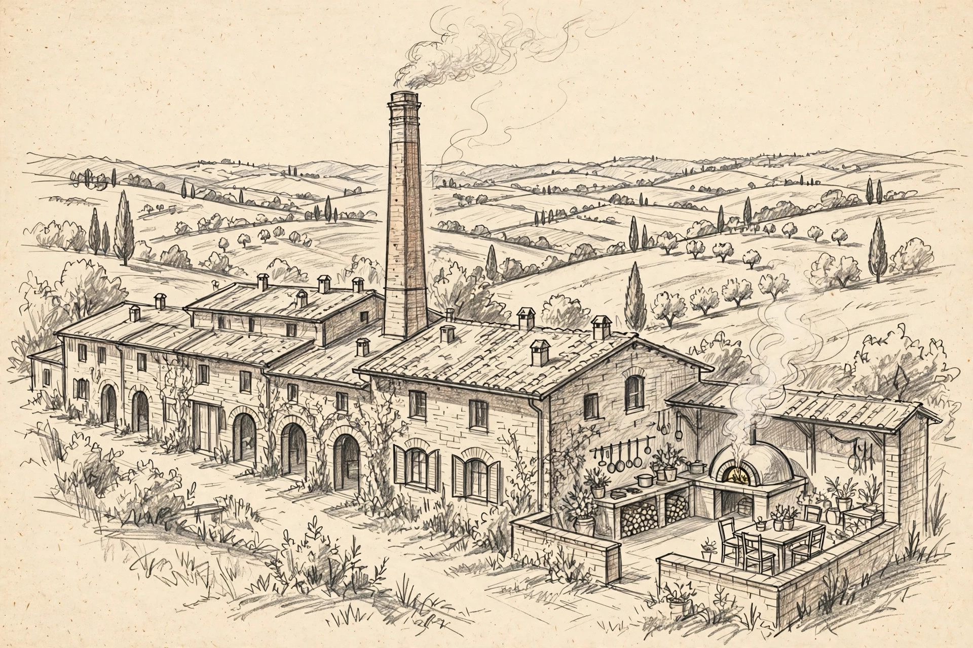Bleistiftillustration von Il Fornello — Coliving Italy