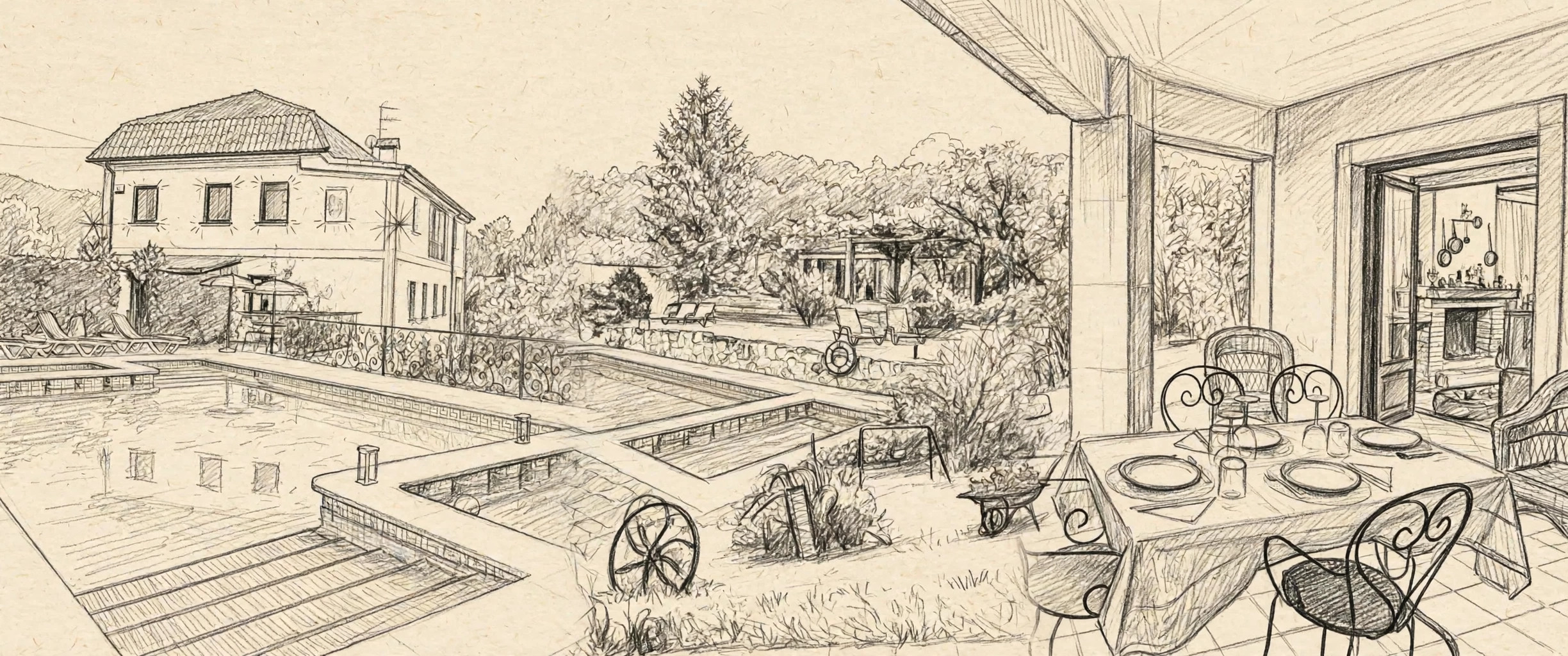 Illustrazione a matita di Growth Coliving Galicia