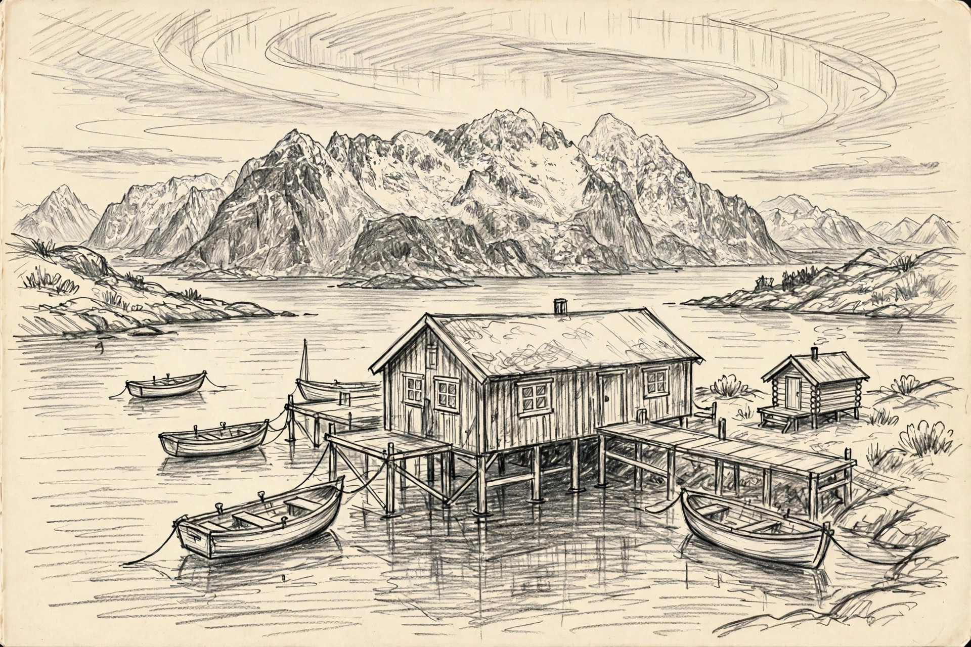 Bleistiftillustration von Arctic Coliving – Lofoten Pier Lodge