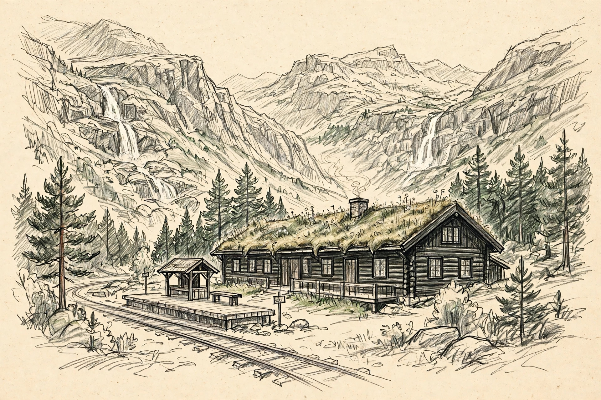 Bleistiftillustration von Arctic Coliving – Voss Mountain Lodge