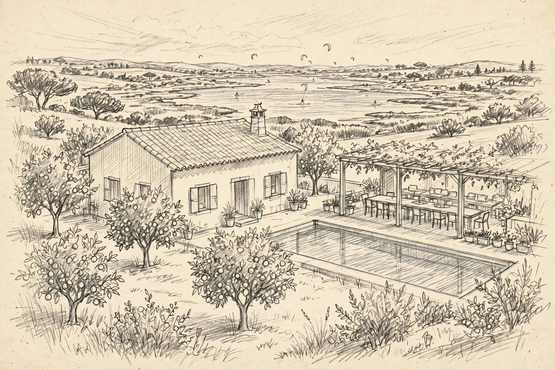 Pencil illustration of Bela Vista Coliving & Retreat