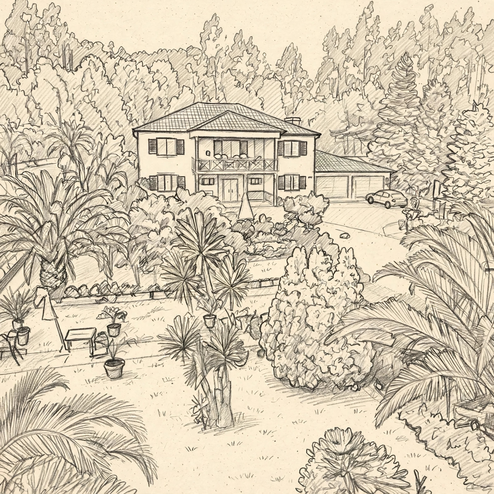 Pencil illustration of Homeoffice Madeira / Madeira Workation (Quinta do Cabeço Alto)