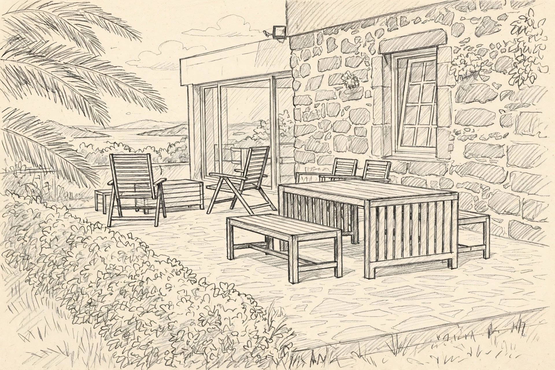 Pencil illustration of Novovento Coliving Azores