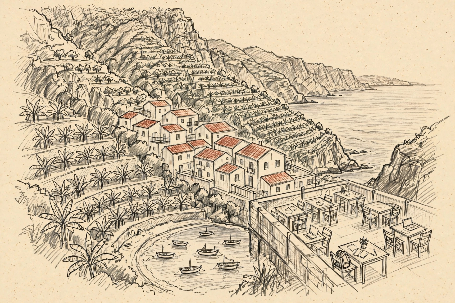 Pencil illustration of Outsite Madeira (Ponta do Sol)