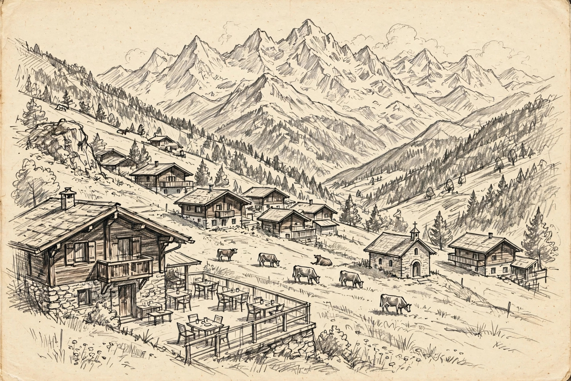 Pencil illustration of Alpiness Coliving